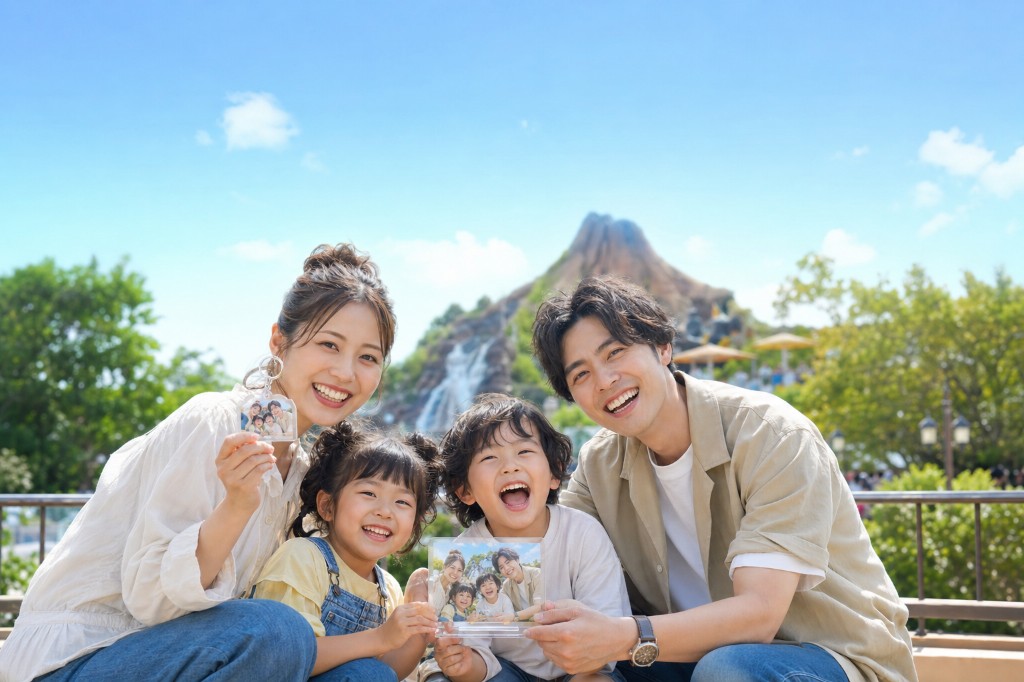 テーマパークで、その日に撮った家族写真のオリジナルグッズを手にする家族