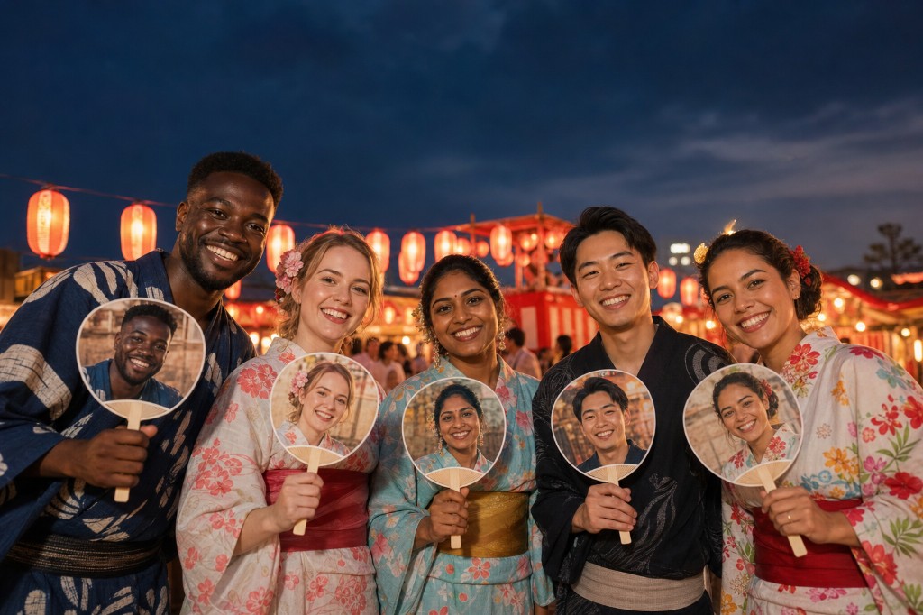 夏祭りで自分の写真を使ったオリジナルうちわを手にする旅行者