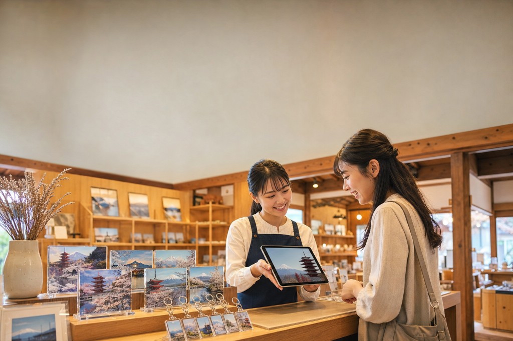 店頭でタブレットを使って商品を案内するスタッフ